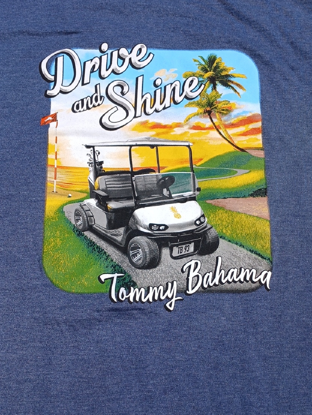 Tommy Bahama Denim Blue Tee with Golf Cart and Sunset Graphic